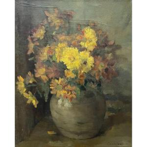 Bouquet De Fleurs, Huile Sur Toile, Signature à Identifier