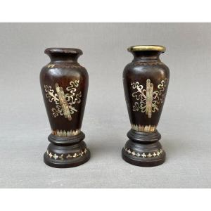 Pair Of Miniature Vases In Turned Wood And Mother-of-pearl, Asia, 19th Century