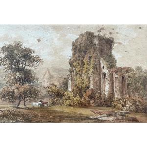 Horses In Front Of A Ruin, 19th Century Watercolor, Signature To Be Identified