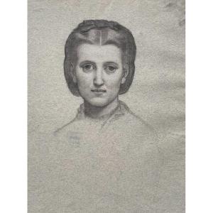 Portrait Of A Woman, 19th Century Black Stone Drawing