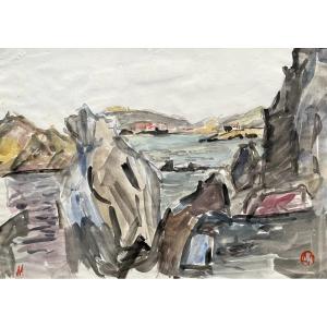 Paysage Côtier, Aquarelle, Cachet à Identifier