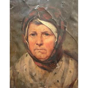 Portrait Of A Woman With A Scarf, Oil On Paper To Be Restored, Eastern School?