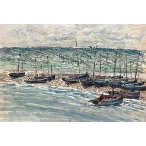 Bateaux à Arcachon, Dessin Aquarellé, Début XXe