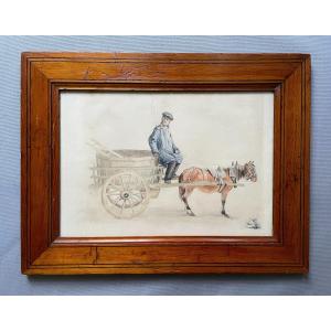 Peasant On His Cart, 19th Century Watercolor