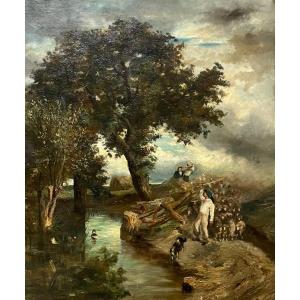 Scène Paysanne En Bord De Rivière, Huile Sur Toile XIXe