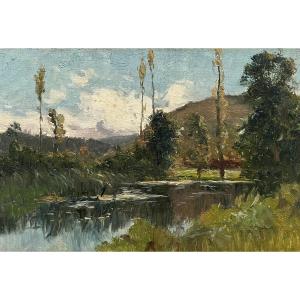 Paysage De Rivière, Huile Sur Toile Début XXe