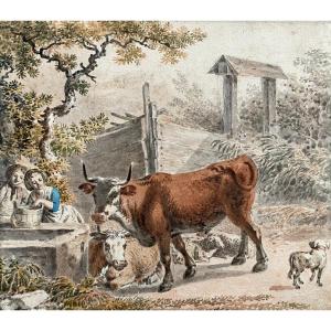 Cows And Peasant Couple, 19th Century Watercolor