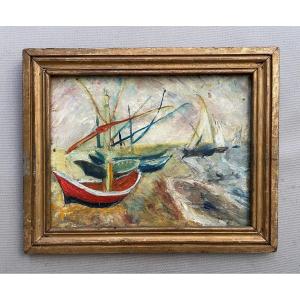 Bateaux, Huile Sur Panneau