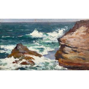 Michaïl Tkatchenko, Ukrainian Painter, Rocky Coast, Oil On Panel Signed