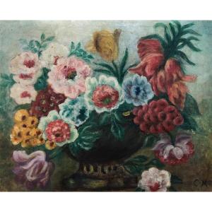  Bouquet Of Flowers, Oil On Monogrammed Canvas, Early 20th Century