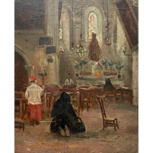 Church Interior, Oil On Cardboard, Early 20th Century