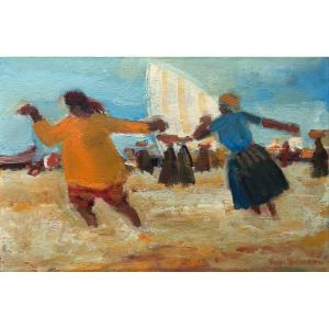 Serge Delaveau, Figures On A Beach, Oil On Canvas