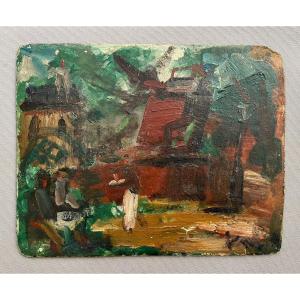 Animated Terrace In Montmartre, Oil On Cardboard, Trace Of Signature