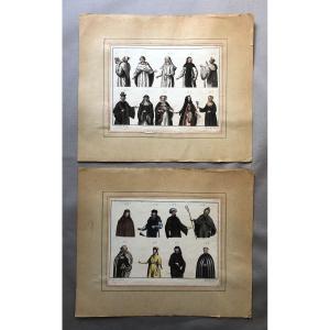 Medieval Costumes, Two Enhanced Engravings, 18th Century