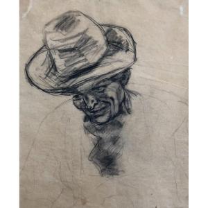 Gaëtan Dumas, Portrait Of A Man With A Hat, Black Chalk On Tracing Paper