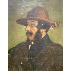 Portrait d'Homme Au Chapeau, Huile Sur Toile Fin XIXe 