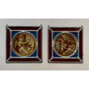 Pair Of Stained Glass Windows Decorated With Putti Artists