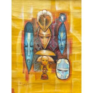 Masques Et Fétiches Africains, Huile Sur Toile, Grand Format, Signature à Identifier