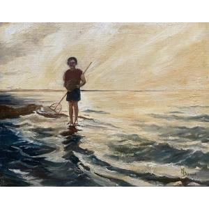 The Little Fisherman, Oil On Canvas Signed M. Durand 1932