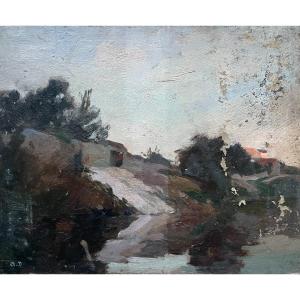 Albert Dagnaux, Animated Landscape, Oil On Cardboard To Be Restored