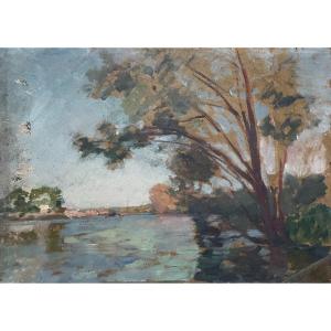 Albert Dagnaux, River Landscape, Oil On Cardboard To Be Restored 