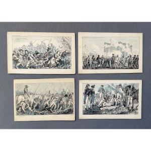 Napoleonic Battles, Four Small Drawings, Signature To Identify