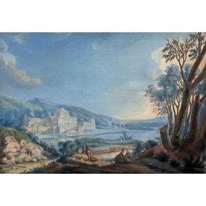 Animated Lake Landscape, Gouache Early 19th Century, Signature To Identify