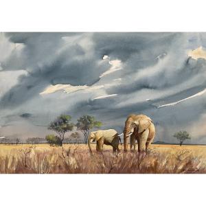 Bert Lewington, Eléphants Dans La Savane, Aquarelle