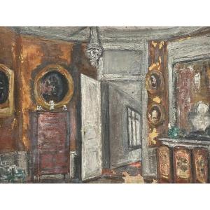 Intérieur De Salon, Huile Sur Carton