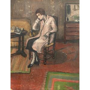 Femme Assoupie Sur Un Fauteuil, Huile Sur Carton Début XXe