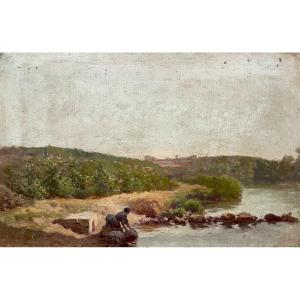 Washerwoman By The River, Oil On Panel, Late 19th Century