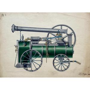 Locomotive, Dessin Aquarellé Signé L. Ropton 1894