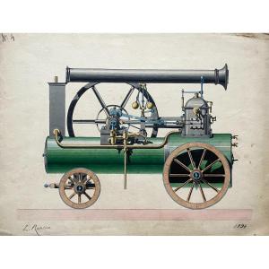 Locomotive, Dessin Aquarellé Signé L. Ropton 1894 