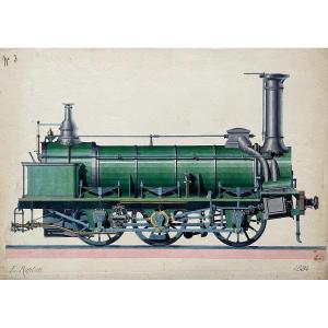 Locomotive, Dessin Aquarellé Signé L. Ropton 1894