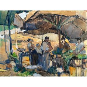 Scène De Marché, Ecole Indochinoise? Aquarelle, Signature à Déchiffrer