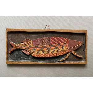 Poisson, Bois Sculpté Polychrome, Travail Aborigène?