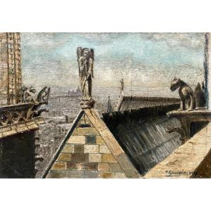 Vue Des Toits de Notre Dame, Huile Sur Toile 