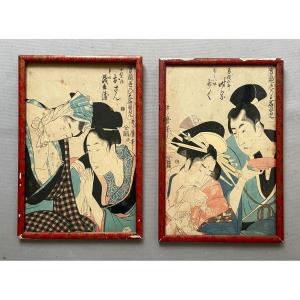 Paire d'Estampes Japonaises d'Après Utamaro Kitagawa