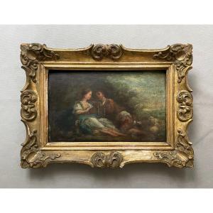 Scène Romantique, Huile Sur Panneau, XIXe