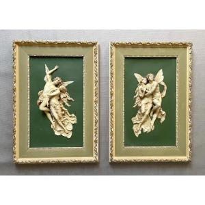 Cupid And Psyche, Pair Of High Reliefs In Saxon Porcelain After William Bouguereau