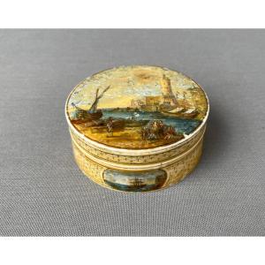 Painted Ivory Box With Animated Port Scene Decor