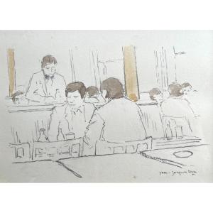 Jean-Jacques René, Hommes Au Café, Aquarelle