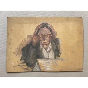 Femme à La Lecture, Esquisse, Gouache Sur Carton 