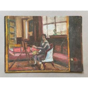 Woman At Her Easel, Oil On Cardboard