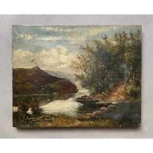 Paysage Lacustre, Huile Sur Toile, XIXe