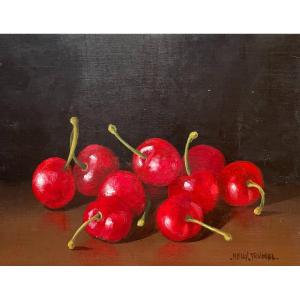 Nelly Trumel, Nature Morte Aux Cerises, Huile Sur Panneau