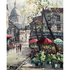 Paris, View Of The Sacré Coeur, Oil On Canvas Signed H. Nary, Montparnasse Frame