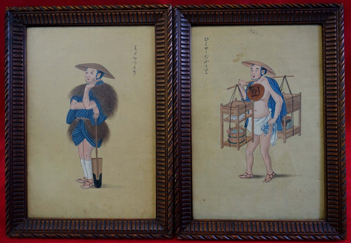Japon Vers 1890 - Paire De Gouaches Sur Tissus - 