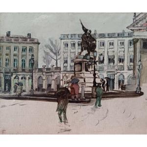 Alexandre Denonne (1879-1953) - Brussels 1931 - Place Royale In The Rain - 