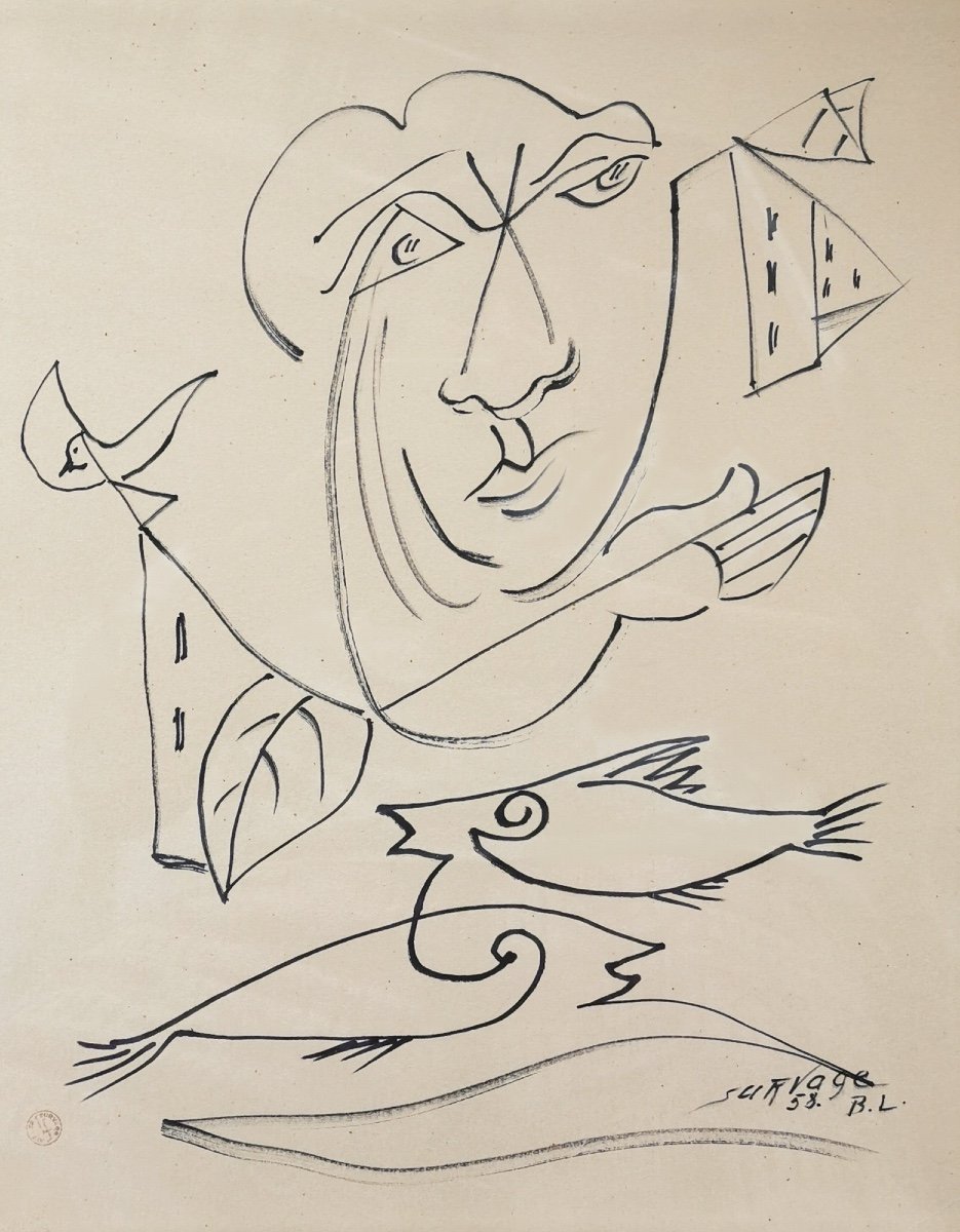 L. SURVAGE, composition cubiste et surréaliste, dessin original signé, encre sur papier, 1958-photo-2